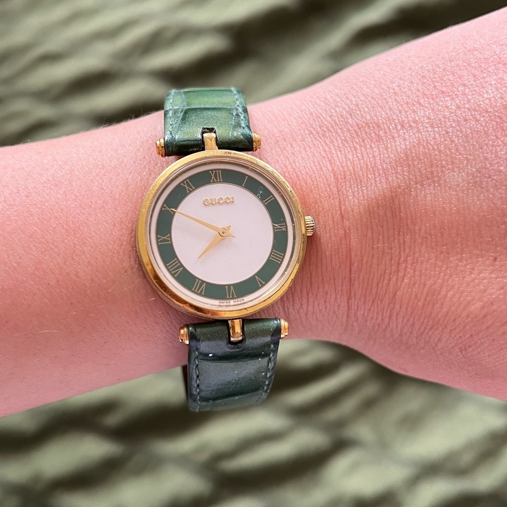 Vintage Gucci Gold Watch with Green Leather Strap